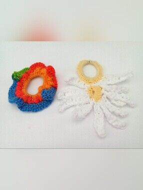 Handmade Crochet Flower Hair Scrunchies - White Daisy & Multicolor Bloom